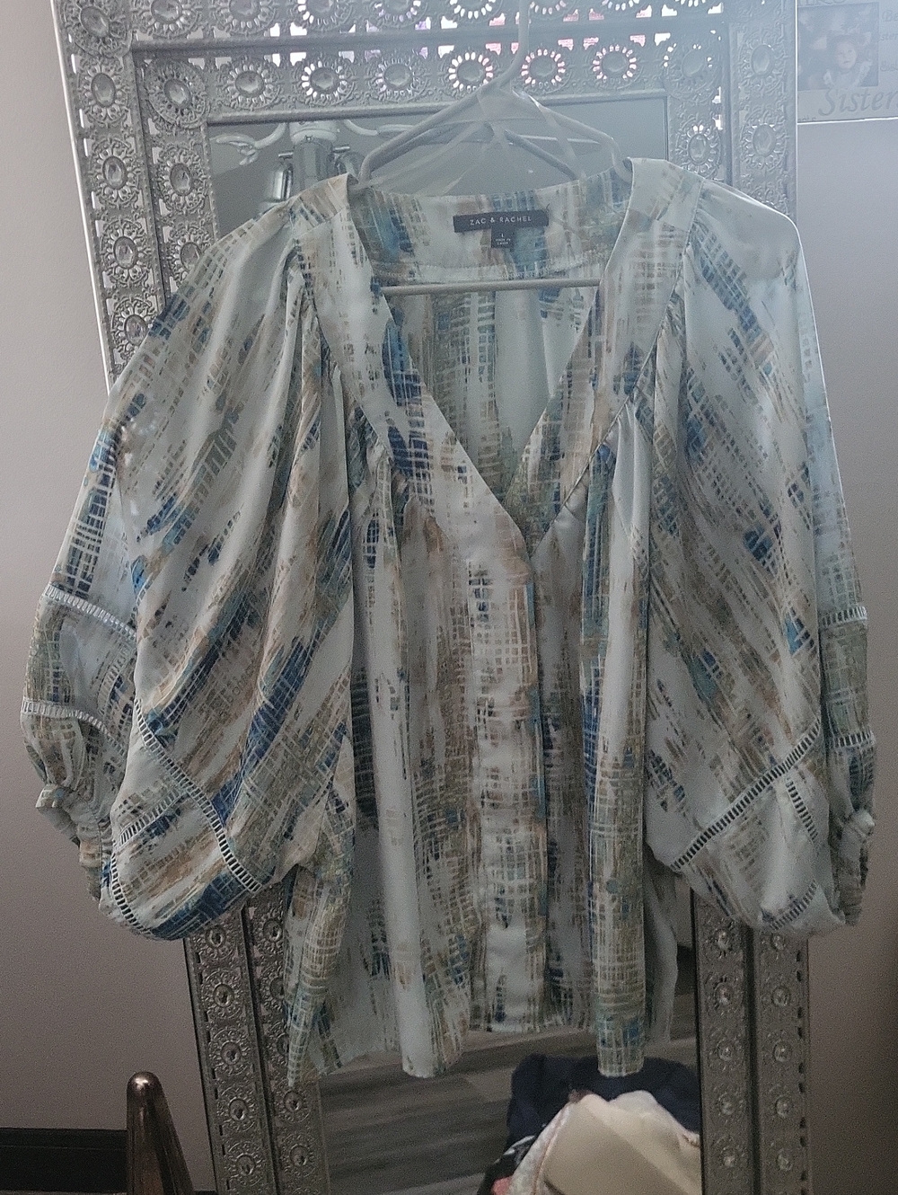 Zac & Rachel Blue and Tan Abstract V-Neck Blouse W/ Pretty Crochet Sleeve Detail